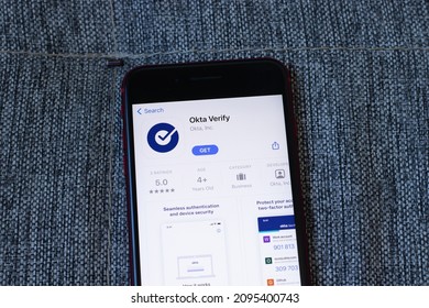 New York, USA - 1 June 2021: Okta Verify mobile app logo on phone screen, close-up icon, Illustrative Editorial
