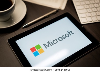 New York, New York / USA - 11 11 2019: Logo of Microsoft on the iPad Air2 in on office desk