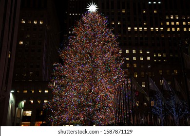 New York, New York / USA - 12 12 2019: The Rockefeller Center Christmas Tree In Manhattan At Night.