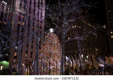 New York, New York / USA - 12 12 2019: The Rockefeller Center Christmas Tree In Manhattan At Night.