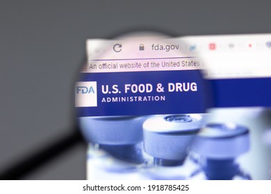 New York, USA - 15 February 2021: FDA US Food and Drug website in browser with company logo, Illustrative Editorial