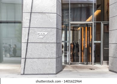 NEW YORK, USA - 17 MAY, 2019: Logo Of The SAP German Multinational Software Company On Headquarters Building In New York.