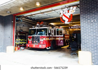 New York, USA - 18 October, 2016: Red Fire Truck Standing In Department Garage