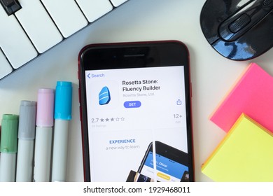 New York, USA - 2 March 2021: Rosetta Stone: Fluency Builder Mobile App Icon On Phone Screen, Illustrative Editorial