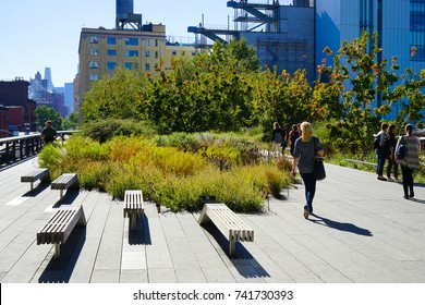 New York, USA - 21 OCTOBER 2017. People Walking In High Line Park In NYC