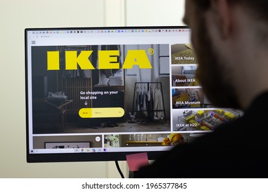 New York, USA - 26 April 2021: IKEA Website Page On Screen, Man Using Service, Illustrative Editorial