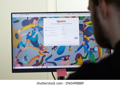 New York, USA - 26 April 2021: Quora website page on screen, man using service, Illustrative Editorial