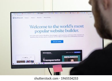 New York, USA - 26 April 2021: WordPress Website Page On Screen, Man Using Service, Illustrative Editorial