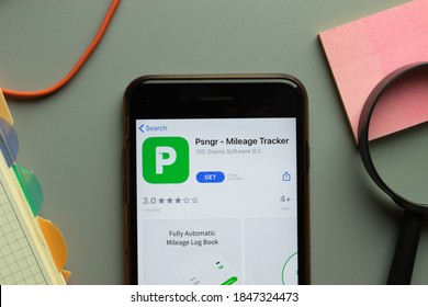 New York, USA - 26 October 2020: Psngr Mileage Tracker Mobile App Logo On Phone Screen Close Up, Illustrative Editorial.