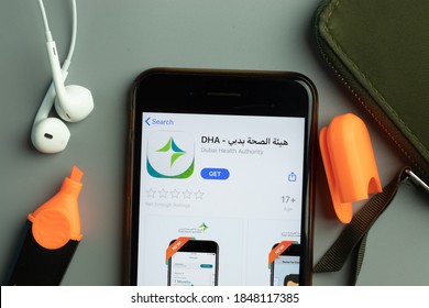 New York, USA - 26 October 2020: DHA Dubai Health Authority Mobile App Icon Logo On Phone Screen Close-up, Illustrative Editorial.