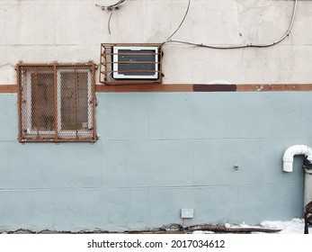 New York, USA 2.7.2015: Industrial Suburban Warehouse Exterior Detail Frame With Old Building Aircon And Metal Grid Windows