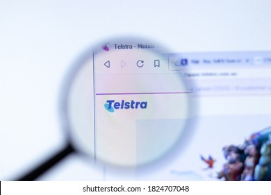 New York, USA - 29 September 2020: Telstra telstra.com.au company website with logo close up, Illustrative Editorial.