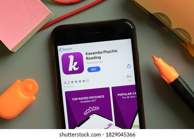 New York, USA - 29 September 2020: Kasamba Psychic Reading Mobile App Logo On Phone Screen Close Up, Illustrative Editorial.