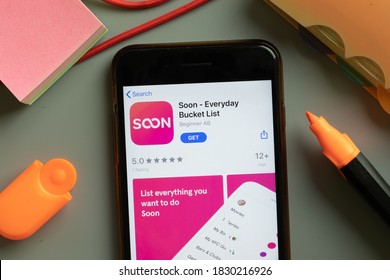 New York, USA - 29 September 2020: Soon Everyday Bucket List Mobile App Logo On Phone Screen Close Up, Illustrative Editorial.