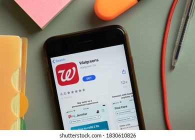 New York, USA - 29 September 2020: Walgreens mobile app logo on phone screen close up, Illustrative Editorial.