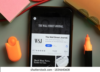 New York, USA - 29 September 2020: The Wall Street Journal Mobile App Logo On Phone Screen Close Up, Illustrative Editorial.