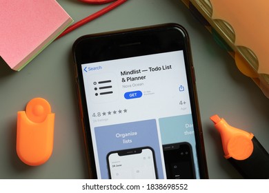 New York, USA - 29 September 2020: Mindlist Todo List Mobile App Logo On Phone Screen Close Up, Illustrative Editorial.