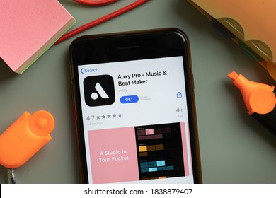 New York, USA - 29 September 2020: Auxy Pro Music Beat Maker Mobile App Logo On Phone Screen Close Up, Illustrative Editorial.