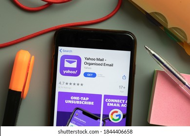 New York, USA - 29 September 2020: Yahoo Mail Email Mobile App Logo On Phone Screen Close Up, Illustrative Editorial.