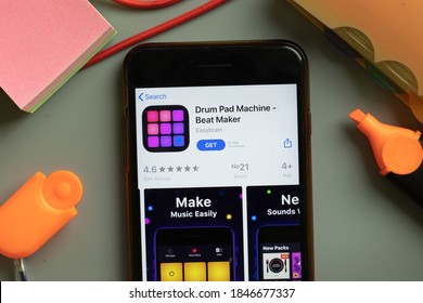 New York, USA - 29 September 2020: Drum Pad Machine Beat Maker Mobile App Logo On Phone Screen Close Up, Illustrative Editorial.