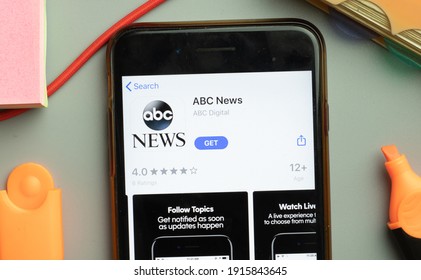 New York, USA - 29 September 2020: ABC News Mobile App Logo On Phone Screen Close Up, Illustrative Editorial.