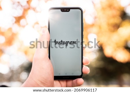 NEW YORK, USA, 5.NOVEMBER 2021 : Instagram application icon on HUAWEI screen close-up. Instagram icon. Instagram application. Instagram Social media network. Social media icon