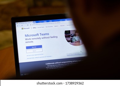 New York, USA - 9 April 2020: Microsoft Teams website on laptop screen close up. Man using service on display, blurry background, Illustrative Editorial.