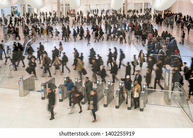 New York, USA - APR 2019 : Top View Of Undefined Passenger And Tourist Walking And Swipe The Card For In And Out The Subway In Rush Hour On April 3, 2019, Lower Manhattan,New York, United State