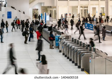 New York, USA - APR 2019 : Unrecognizable Passenger And Tourist Walking And Swipe The Card For In And Out The Subway In Rush Hour On April 2, 2019, Lower Manhattan,New York, United State