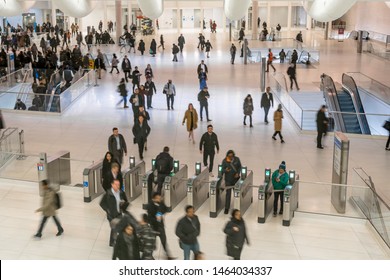 New York, USA - APR 2019 : Top View Of Undefined Passenger And Tourist Walking And Swipe The Card For In And Out The Subway In Rush Hour On April 3, 2019, Lower Manhattan,New York, United State