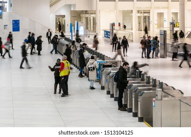 New York, USA - APR 2019 : Unrecognizable Passenger And Tourist Walking And Swipe The Card For In And Out The Subway In Rush Hour On April 2, 2019, Lower Manhattan,New York, United State