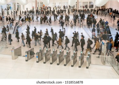 New York, USA - APR 2019 : Top view of Undefined passenger and tourist walking and Swipe the card for in and out the subway in rush hour on April 3, 2019, lower Manhattan,New York, United state