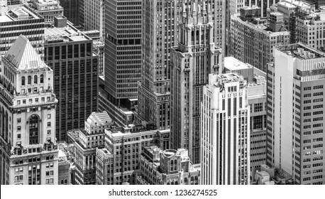 NEW YORK, USA - Apr 30, 2016: Black And White Image Of New York City Skyscrapers Viewed From Top Of Empire State Building. Birds Eye View.