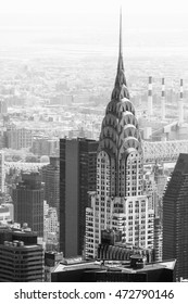 NEW YORK, USA - Apr 30, 2016: Black And White Image Of Manhattan Streets And Roofs With Chrysler Building. New York City Manhattan Midtown Birds Eye View