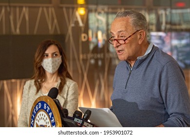 NEW YORK, USA – APRIL 11, 2021: Senator Chuck Schumer And Dr. Aspasia Hotzoglou Hold Press Conference Calling For Funding Set Aside As Part Of Federal COVID-19 Relief Bill To Be Released Now.