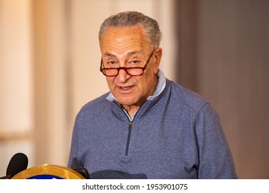 NEW YORK, USA – APRIL 11, 2021: Senator Chuck Schumer And Dr. Aspasia Hotzoglou Hold Press Conference Calling For Funding Set Aside As Part Of Federal COVID-19 Relief Bill To Be Released Now.