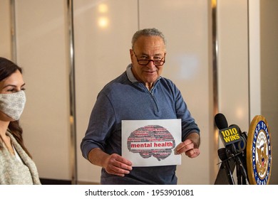 NEW YORK, USA – APRIL 11, 2021: Senator Chuck Schumer And Dr. Aspasia Hotzoglou Hold Press Conference Calling For Funding Set Aside As Part Of Federal COVID-19 Relief Bill To Be Released Now.