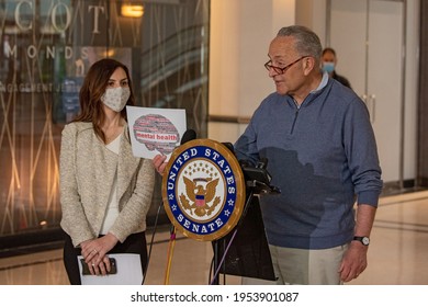 NEW YORK, USA – APRIL 11, 2021: Senator Chuck Schumer And Dr. Aspasia Hotzoglou Hold Press Conference Calling For Funding Set Aside As Part Of Federal COVID-19 Relief Bill To Be Released Now.