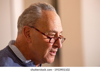 NEW YORK, USA – APRIL 11, 2021: Senator Chuck Schumer And Dr. Aspasia Hotzoglou Hold Press Conference Calling For Funding Set Aside As Part Of Federal COVID-19 Relief Bill To Be Released Now.