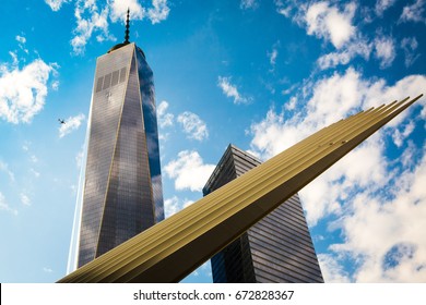 New York, USA, April 11, 2016. Detai of a terminal station in Lower Manhattan and One World Trade Center. Manhattan, NYC.