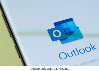 New York, USA - April 22, 2019: Outlook Email App Interface On Smartphone Screen