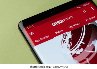 New york, USA - april 22, 2019: BBC news mobile app interface on smartphone screen
