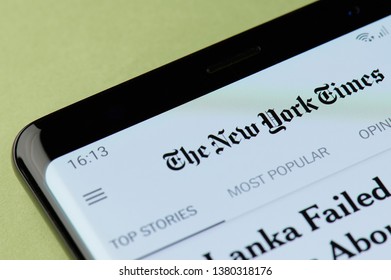 New York, USA - April 22, 2019: The New York Times Mobile App Interface On Smartphone Screen