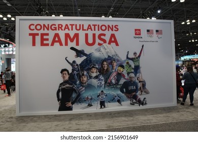 New York, New York, USA - April 23, 2022: A Congratulations Team USA Sign Commemorating The 2022 US Winter Olympics Team At The Toyota Exhibition Of The New York Auto Show