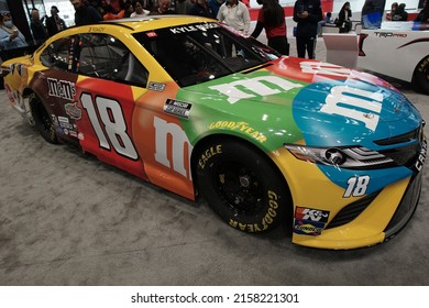 New York, New York, USA - April 23, 2022: Kyle Busch Number 18 Toyota Camry Racecar On Display At The New York Auto Show