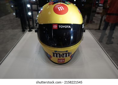 New York, New York, USA - April 23, 2022: NASCAR Driver Kyle Busch's Helmet On Display At The New York Auto Show