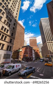 New York, USA - April 24, 2015: Intersection Of Water Street And Broad Street In Financial District In Lower Manhattan, New York City, NYC, USA.