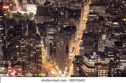 NEW YORK, USA - April 25, 2014: Flat Iron Building At Night Seen From The Observatory Deck Of Empire State Building.