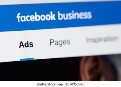 New York, USA - April 26, 2018: Facebook Business Page For Advertising On Laptop Screen Close-up