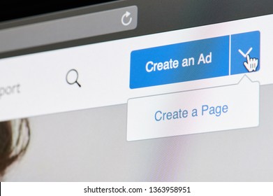 New York, USA - April 8, 2019: Create Ad Or Page On Facebook In Digital Screen Macro Close Up View